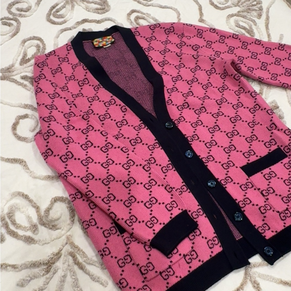 Gucci Pink and Black Knit Cardigan with Signature Label - Picture 6 of 11